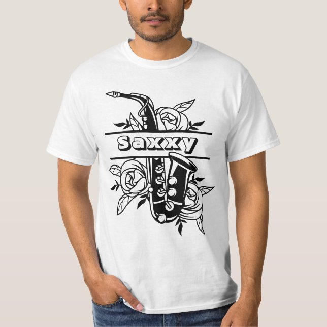 T-shirt Saxophone "Saxxy" noir & blanc, musicien (Devant)