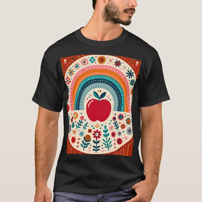 T-shirt Scandinavian Folk Art Red Apple and Rainbow family (Devant)
