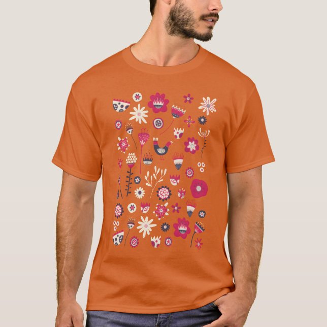 T-shirt Scandinavie Folk Birds and Flowers drôle (Devant)