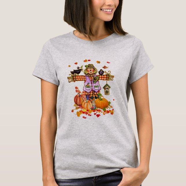 T-shirt Scarecrow Autumn Hello Fall Pumpkin Thanksgiving (Devant)