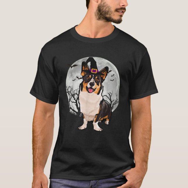 T-shirt Scary Cardigan Welsh Corgi Dog Witch Hat Halloween (Devant)