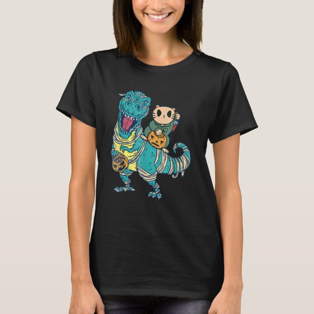 T-shirt Scary Couteau de chat chevauchant momie dinosaure  (Devant)