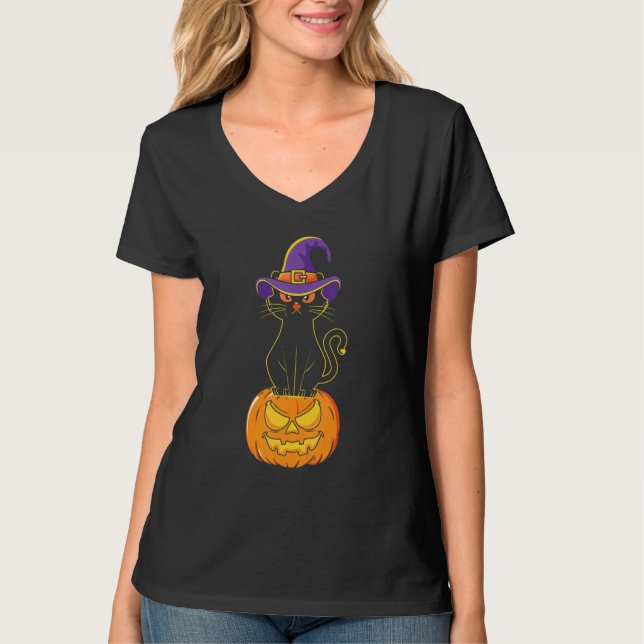 T-shirt Scary Halloween Chat noir costume sorcière Casquet (Devant)