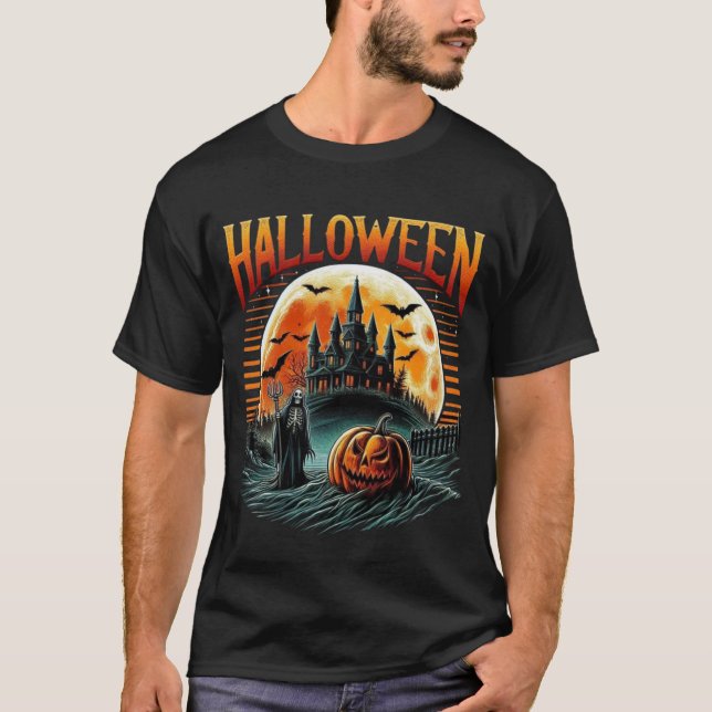 T-shirt Scary Moonlit Haunted Castle Grim Reaper Halloween (Devant)