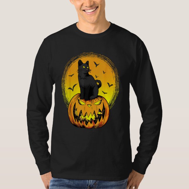 T-shirt Scary Nightcat Black Cat With Yellow Eyes Pumpkin  (Devant)