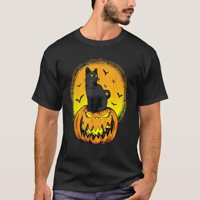 T-shirt Scary Nightcat Black Cat With Yellow Eyes Pumpkin  (Devant)