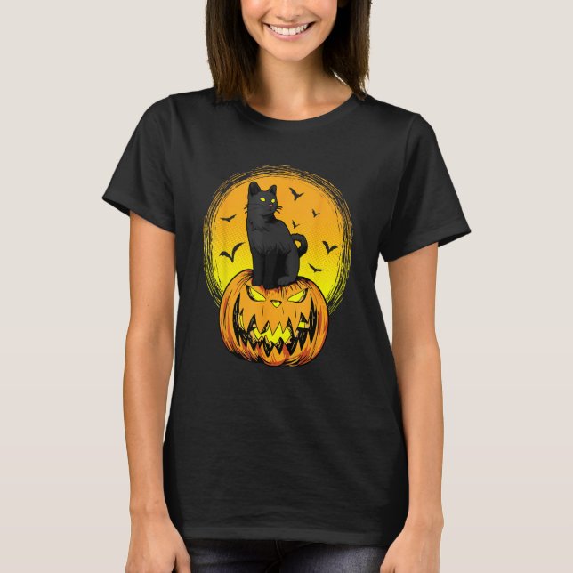 T-shirt Scary Nightcat Black Cat With Yellow Eyes Pumpkin  (Devant)