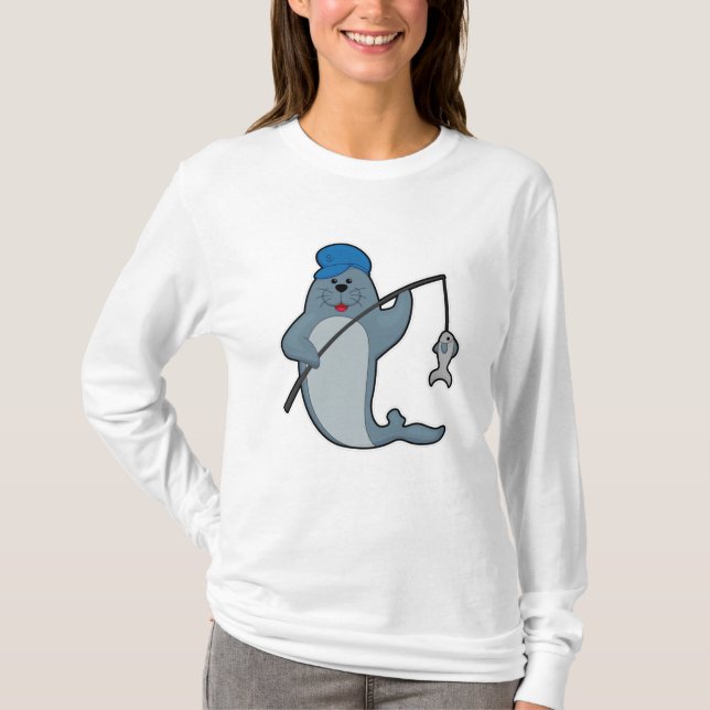 T-shirt Sceau à la pêche avec bâtonnet de pêche et poisson (Devant)