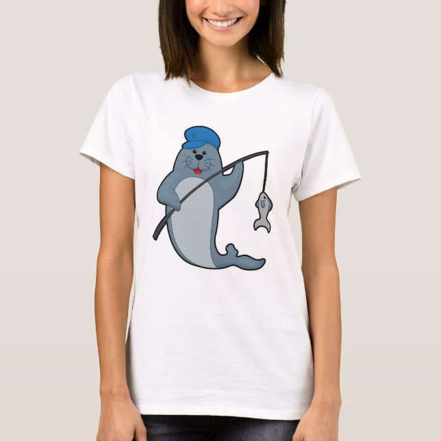 T-shirt Sceau à la pêche avec bâtonnet de pêche et poisson (Devant)