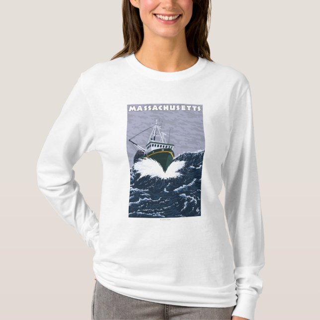 T-shirt Scène de bateau de pêche de MassachusettsCrab (Devant)