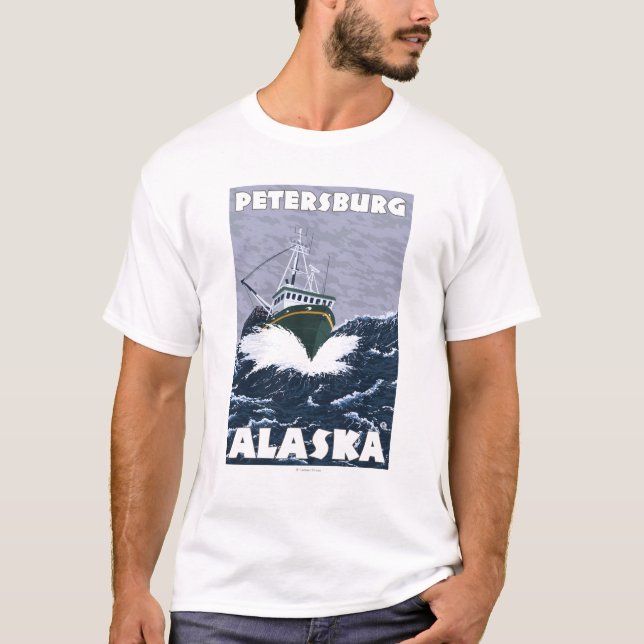 T-shirt Scène de bateau de pêche - Pétersbourg, Alaska (Devant)