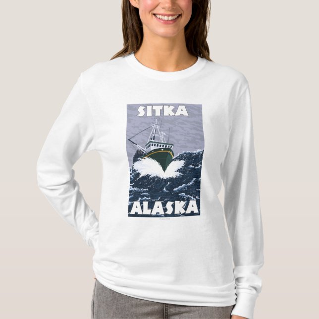 T-shirt Scène de bateau de pêche - Sitka, Alaska (Devant)