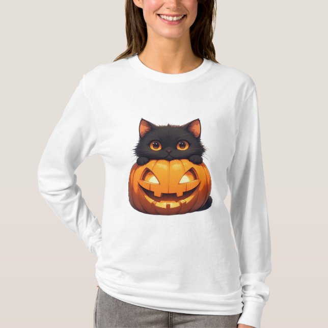 T-shirt Scène de chat noir et de champ de citrouilles (Devant)