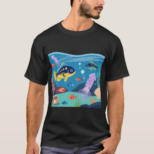 T-shirt Scène de dessin animé mignon sous l'océan avec des