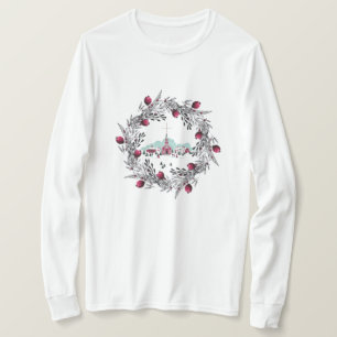 T-shirt Scène de l'église vintage d'hiver avec couronne de