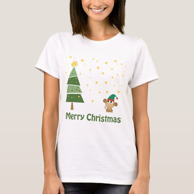 T-shirt Scène de Noël de nuit avec un mignon singe (Devant)