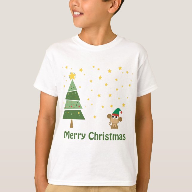 T-shirt Scène de Noël de nuit avec un mignon singe (Devant)