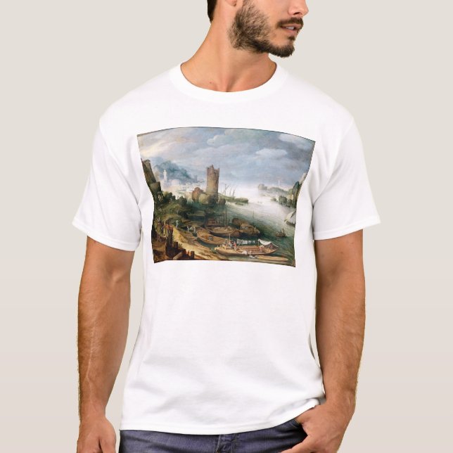 T-shirt Scène de rivière avec une tour ruinée (Devant)