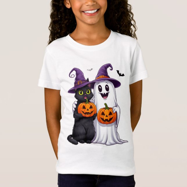 T-Shirt Scène d'Halloween avec chat fantôme et citrouille  (Devant)