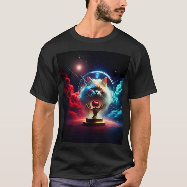 T-shirt Scène Fantastique : Chat Dans Un Globe Avec Pomme (Devant)