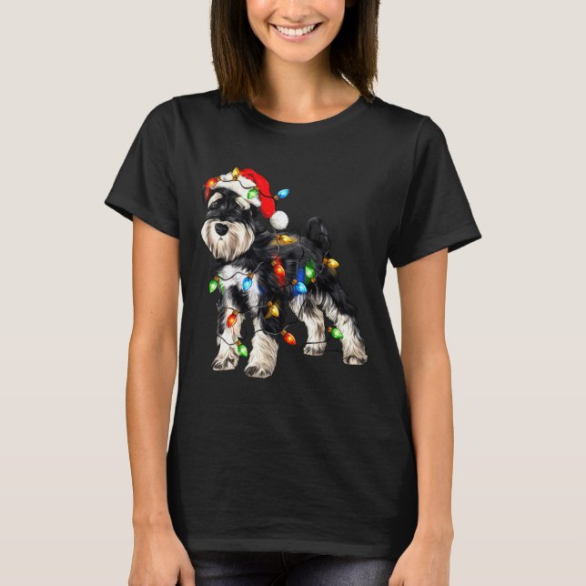 T-shirt Schnauzer Christmas Dog Christmas Lights Santa Hat (Devant)