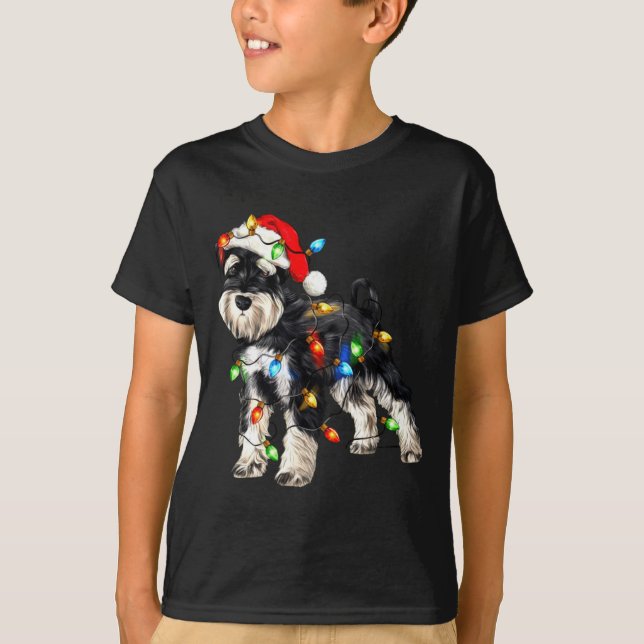 T-shirt Schnauzer Christmas Dog Christmas Lights Santa Hat (Devant)