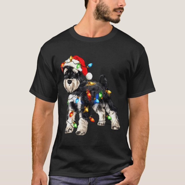 T-shirt Schnauzer Christmas Dog Christmas Lights Santa Hat (Devant)
