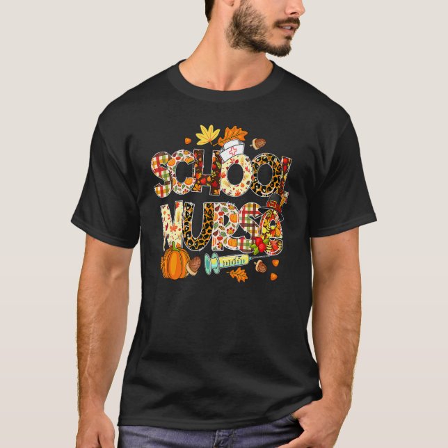 T-shirt School Nurse Leopard Pilgrim Hat Fall Thanksgiving (Devant)