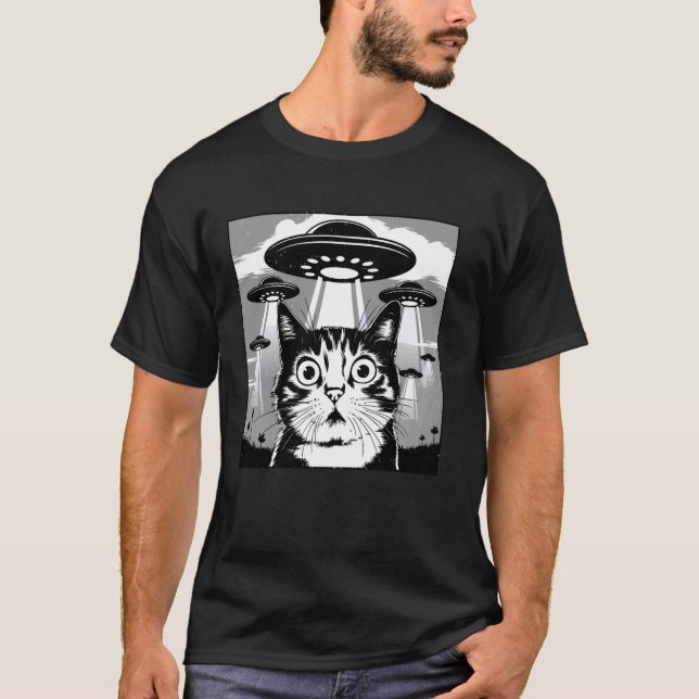 T-shirt Sci-Fi drôle, Chat choqué Mème Invasion Alien, OVN (Devant)