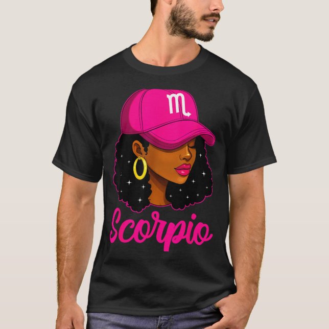 T-shirt Scorpio Girl Pink Cap Zodiac Birthday Afro Women G (Devant)