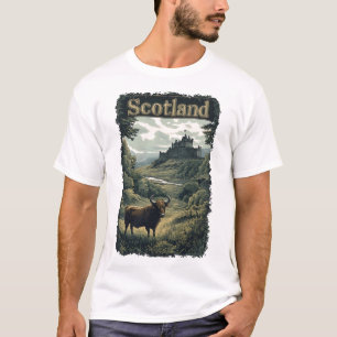 T-shirt Scotland Design : Highland Cow, Castle, and Scener