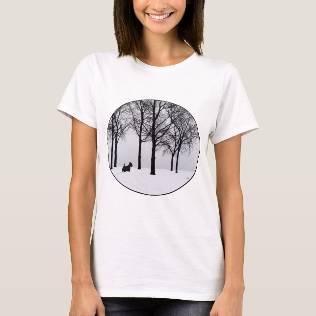 T-shirt Scottie dans les bois enneigés (Devant)