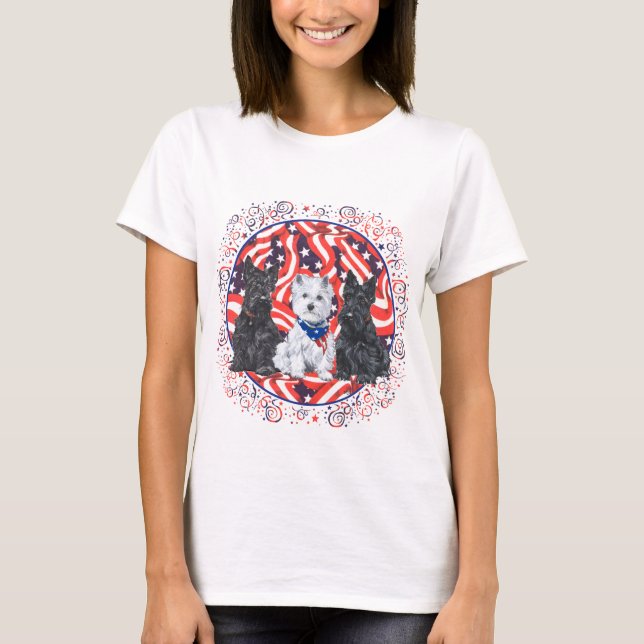 T-shirt Scotties et un drapeau américain Westie (Devant)