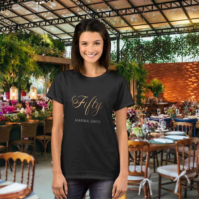 T-shirt Script de nom en or noir 50e anniversaire (Créateur téléchargé)