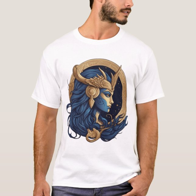 T-shirt Sea Goddess - Design élégant bleu et or (Devant)