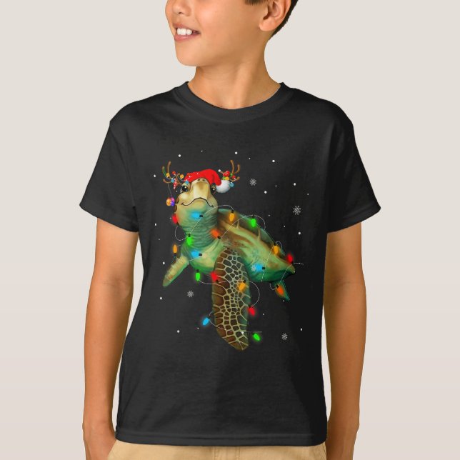 T-shirt Sea Turtle Christmas Lights Funny Santa Hat Merry  (Devant)