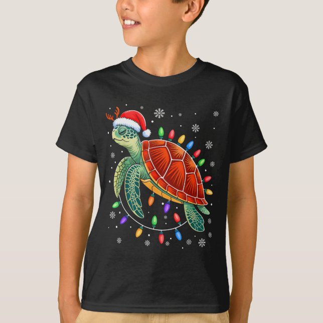 T-shirt Sea Turtle Christmas Lights Santa Hat Funny Xmas P (Devant)