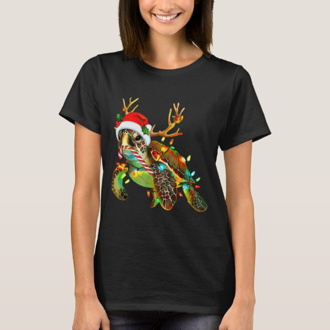 T-shirt Sea Turtle Christmas Lights Santa Hat Merry Christ (Devant)