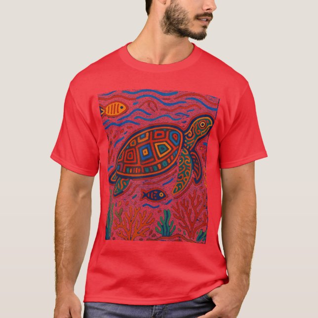 T-shirt Sea Turtle Inspired by Mola Artwork of Panama Kuna (Devant)