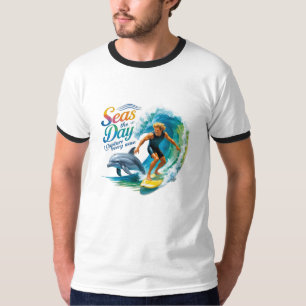 T-shirt Seas the Day – Surf & Dolphin Ringer Tee