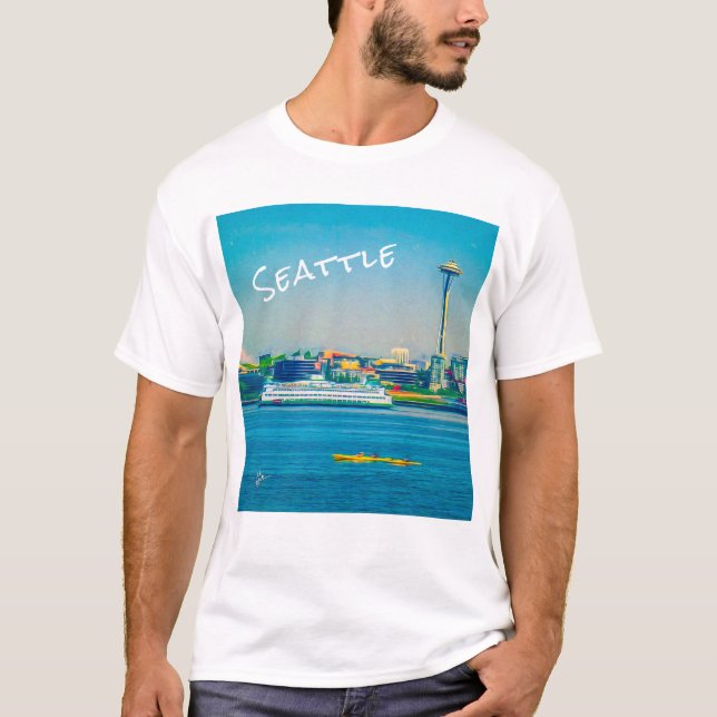 T-shirt Seattle Skyline Moderne Aquarelle Unique (Devant)