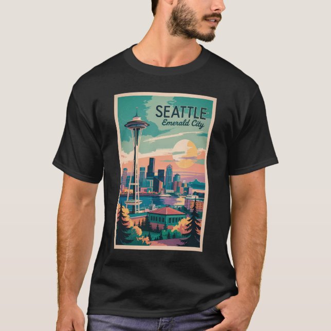 T-shirt Seattle Washington Skyline Travel Art Vintage (Devant)