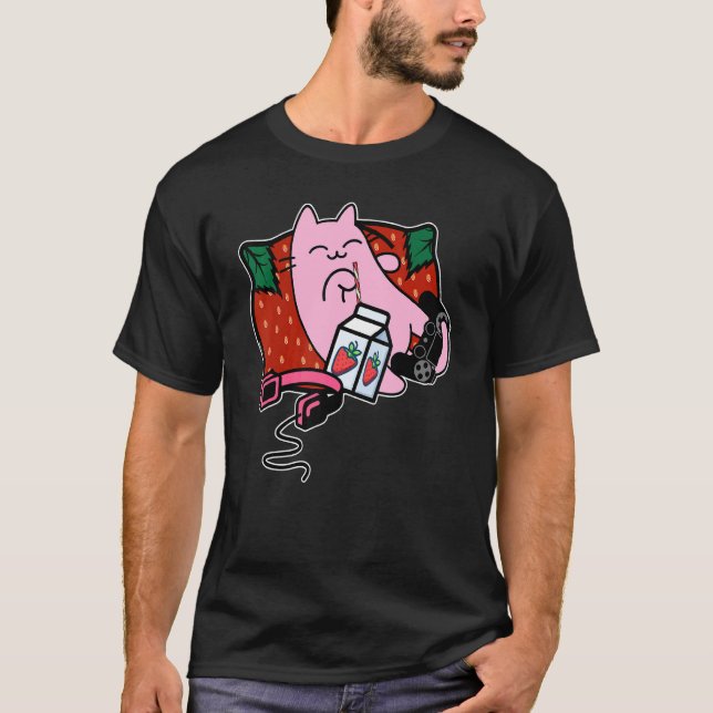 T-shirt Secousse de fraise Lait de fraise Chat rose (Devant)
