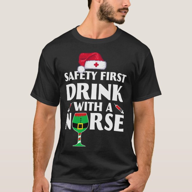 T-shirt Sécurité Première Boisson Avec Une Infirmière Noël (Devant)