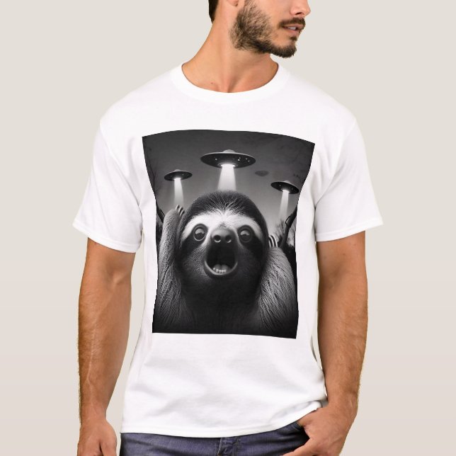 T-shirt Selfie Alien amusant fentes UFO Racoon avec OVNI (Devant)