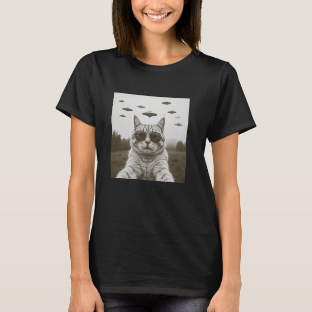 T-shirt Selfie Chat Avec Alien UFO Drôle Chat (Devant)