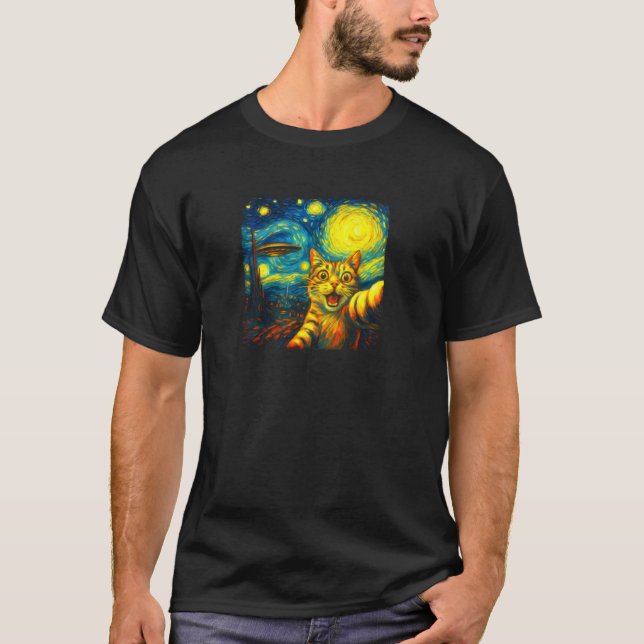 T-shirt Selfie Chat Avec Alien UFO Funny Starry Night Van  (Devant)