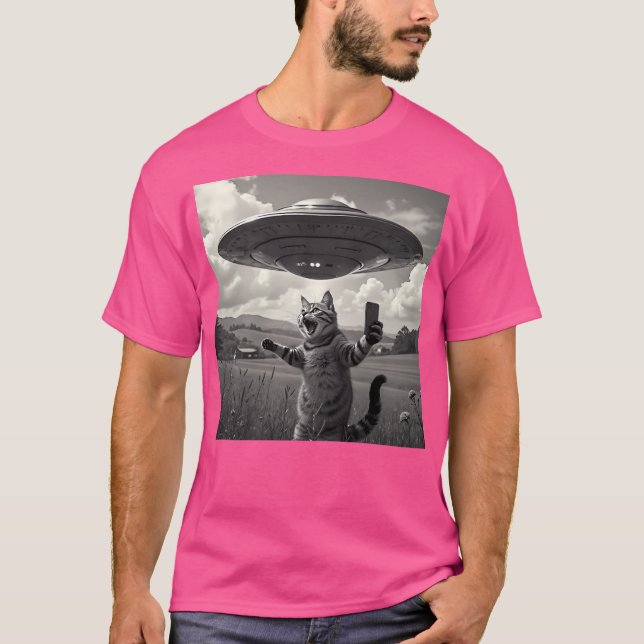 T-shirt Selfie De Chat Avec Alien Ufo Drôle Chat (Devant)