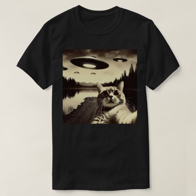 T-shirt selfie de chat avec UFO (Design devant)