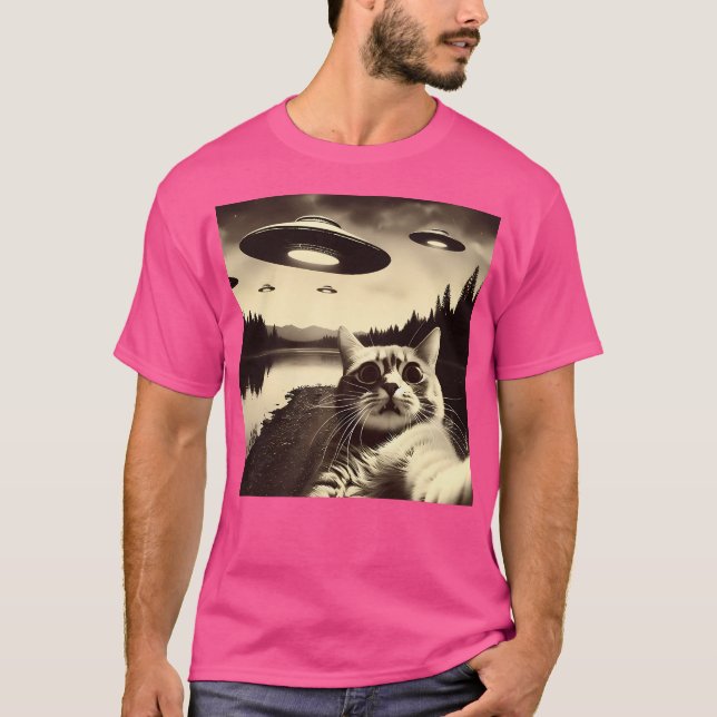T-shirt Selfie De Chat Avec Ufo (Devant)
